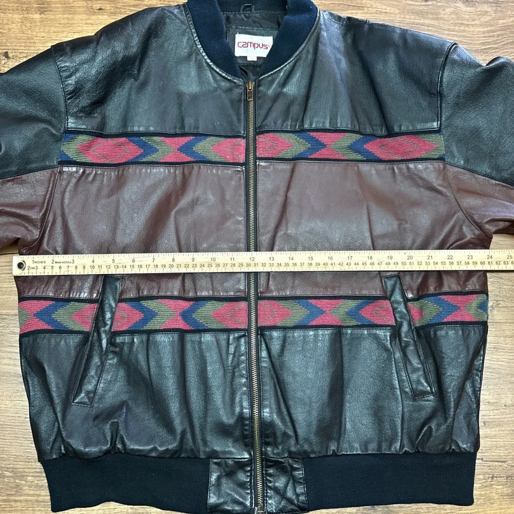 Vintage 80s Campus Leather Bomber Jacket Mens Large Southwest Aztec Native Retro